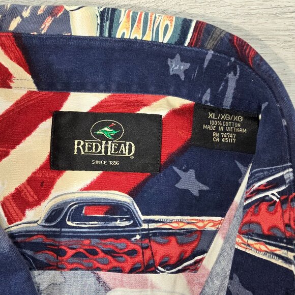Redhead Men's Shirt Sz XL Short Sleeved American Flag Classic Cars 4rth of July - Picture 5 of 8
